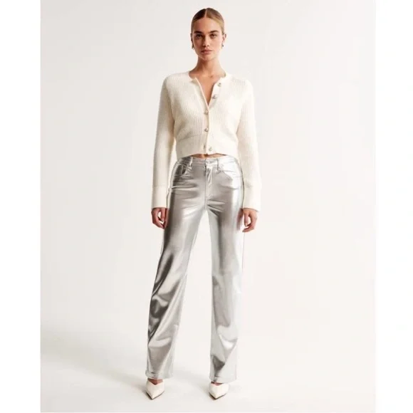 Abercrombie & Fitch Metallic Silver Straight Leg Pants - Picture 2 of 6